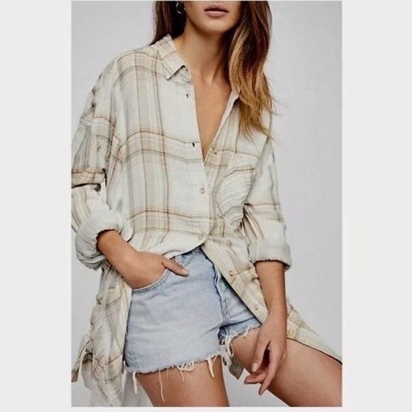 Free People Nordic Plaid Pastel Striped Button Down Shirt - Picture 2 of 14